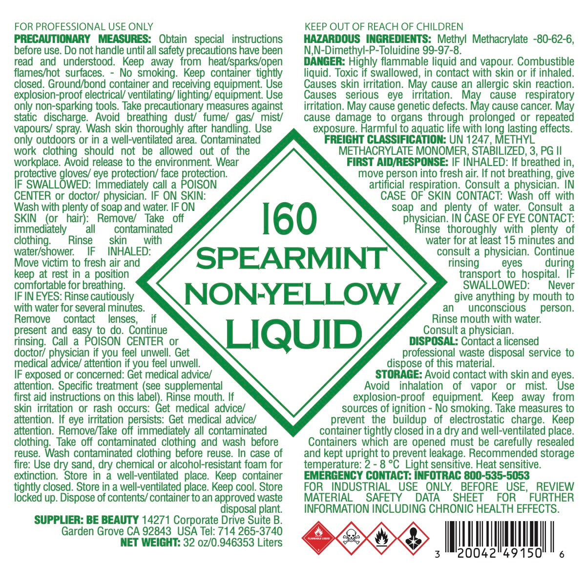 LIQUID 160 SPEARMINT - Fast Set Liquid Monomer