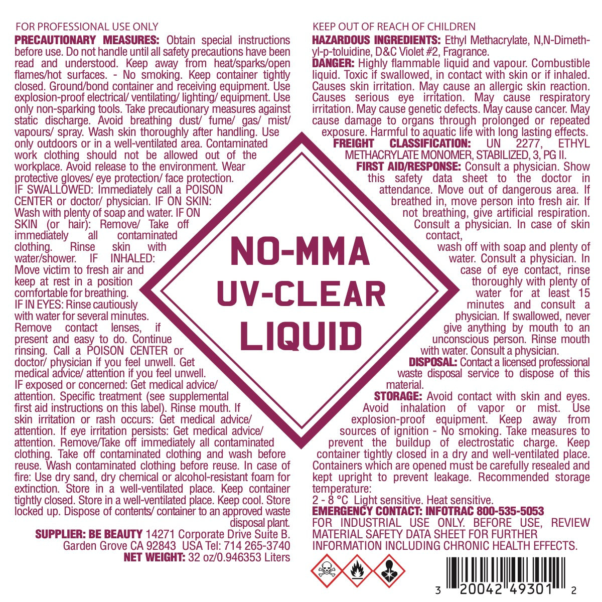 NO-MMA UV-Clear Liquid | Acrylic Liquid | Monomer | Private Label | Wholesale